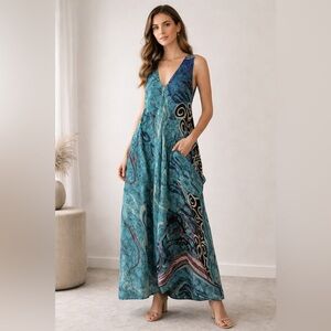 Kantha Bae Reversible Silk Jumpsuit Wide Leg Blue Boho Luxury Hippie OS NWOT
